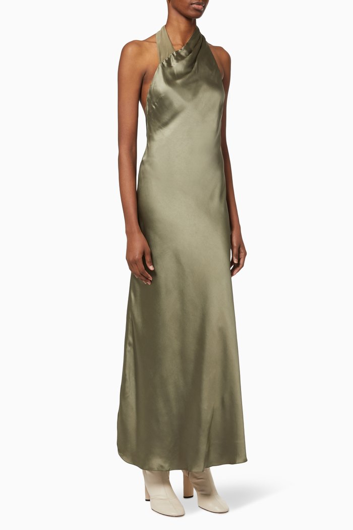 

Bind Halterneck Dress in Satin, Green