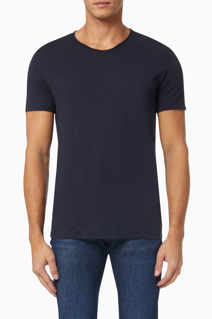 

Rolled V-neck T-shirt in Slub Cotton, Blue