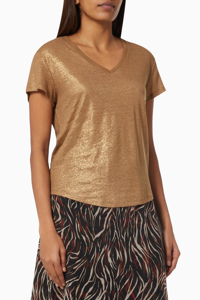 

V-neck T-shirt in Foil Linen, Brown