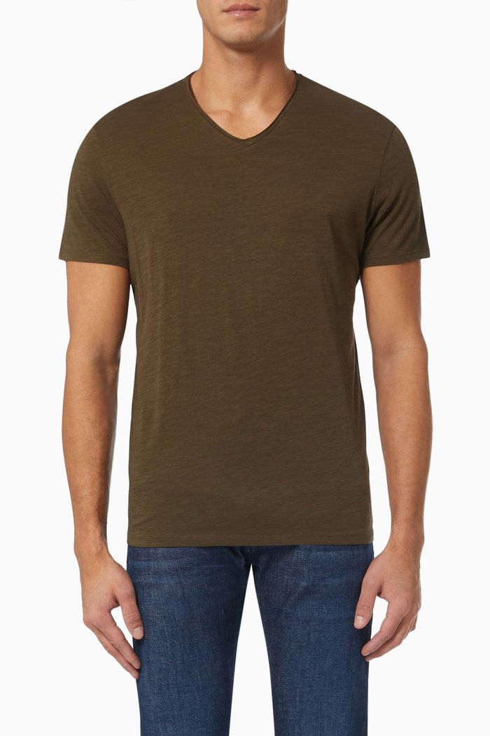 

Rolled V-neck T-shirt in Slub Cotton, Brown