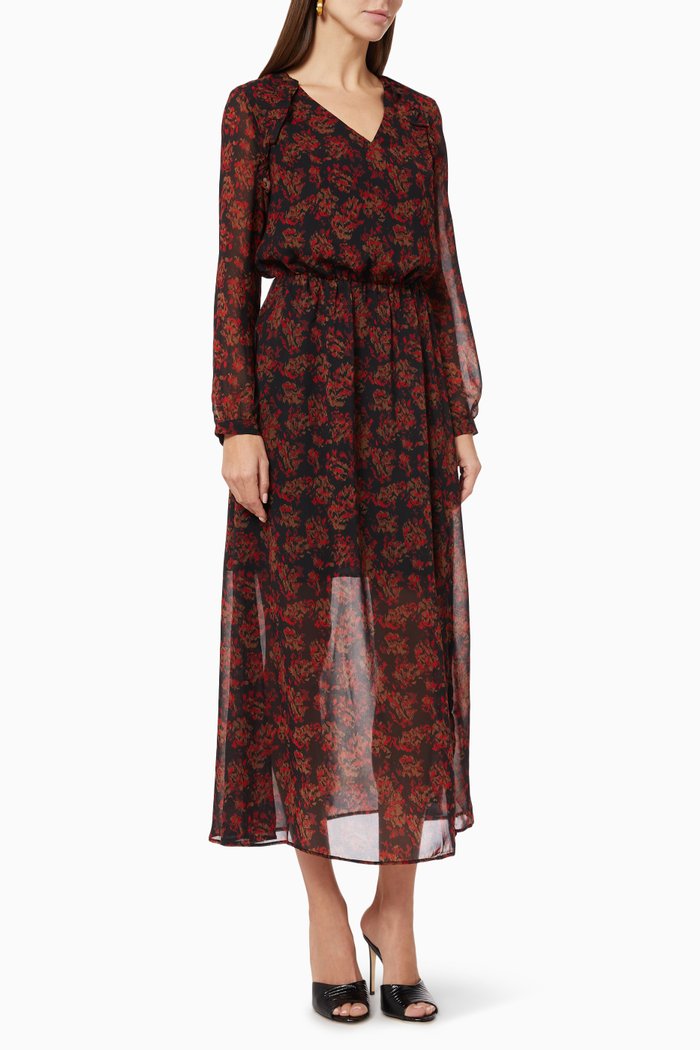 

Long Dress in Floral Outline Print Voile, Black