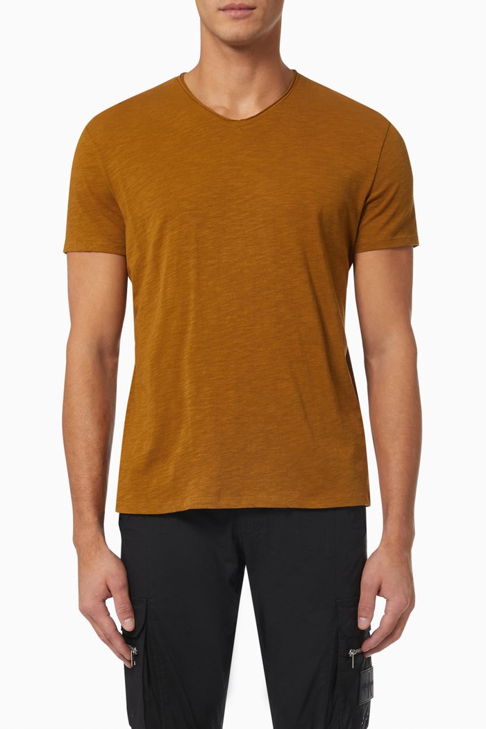 

Rolled V-neck T-shirt in Slub Cotton, Brown