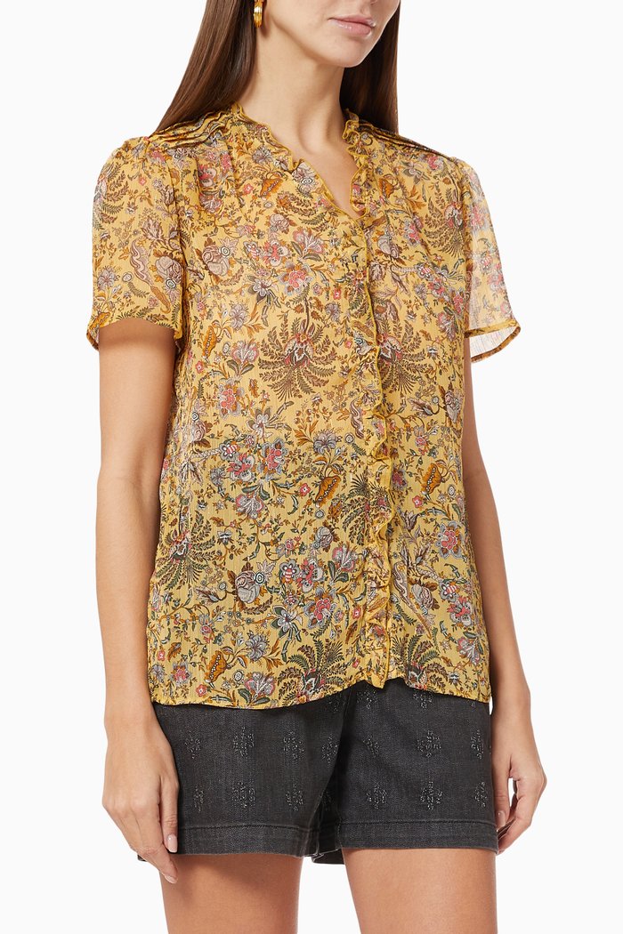 

Ruffle Collar Top in Metallic Floral Print Voile, Yellow