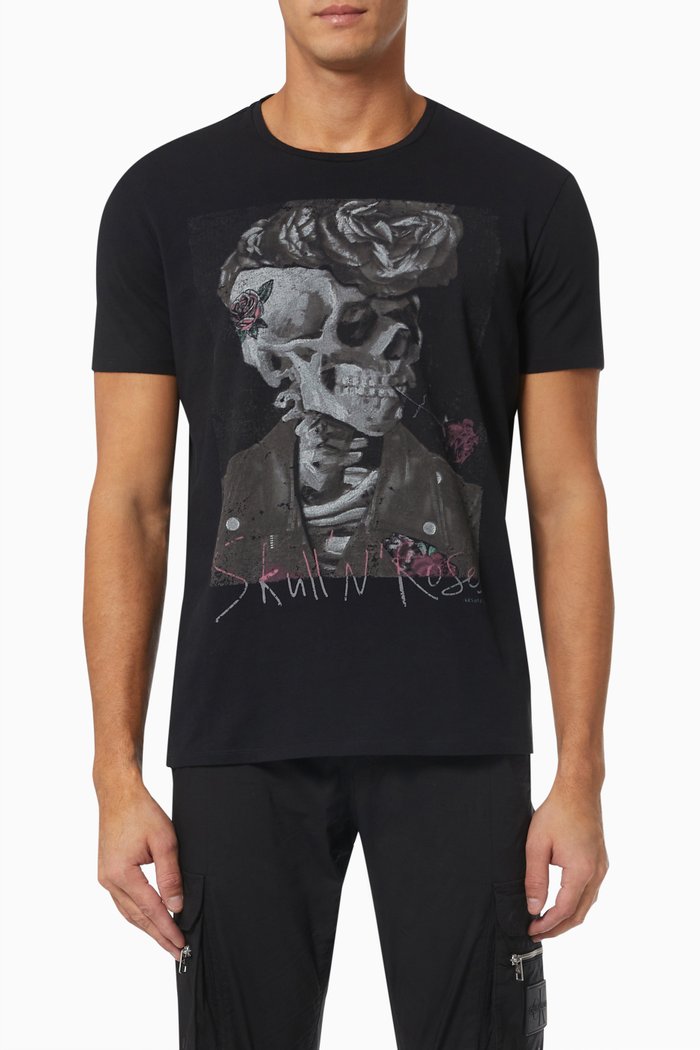 Skeleton & Roses Print T-shirt in Cotton, Black