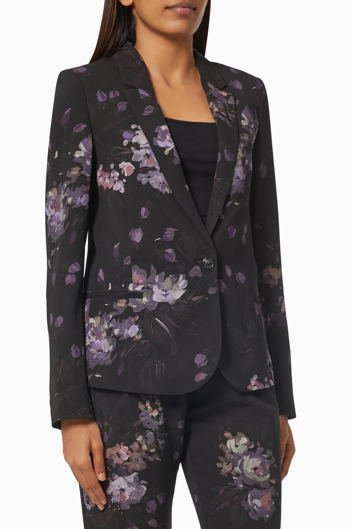 

Suit Jacket in Flower Outline Print Crepe, Black