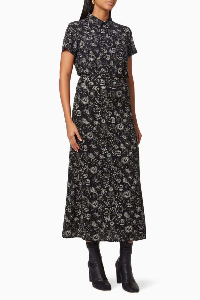 

Tattoo-print Long Dress in Viscose Crepe, Black