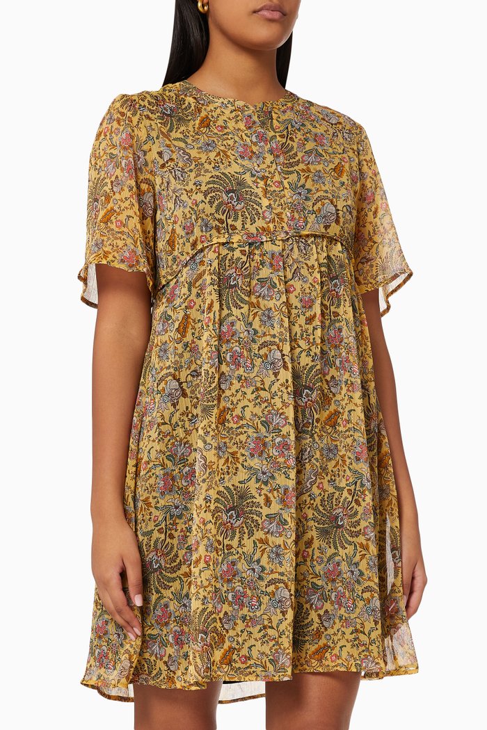 Metallic Floral-print Dress in Voile, Yellow