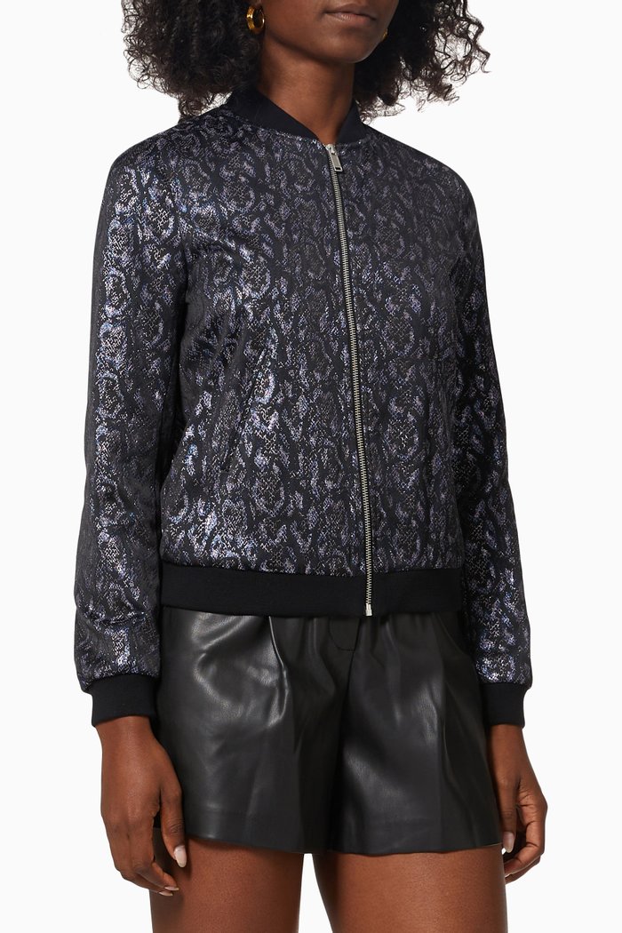 Short Bomber Jacket in Metallic Jacquard, Black