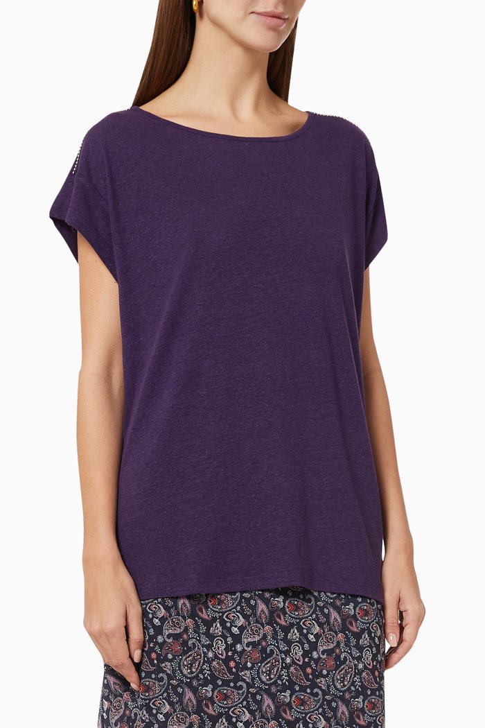 

Beaded T-shirt in Linen Viscose, Blue
