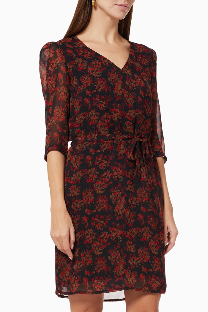 

Floral Outline Print Dress with Waist Belt, Black