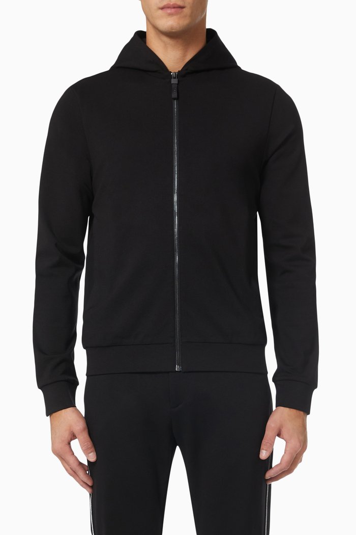 

Zipped Hooded Cardigan in Interlock Knit, Black