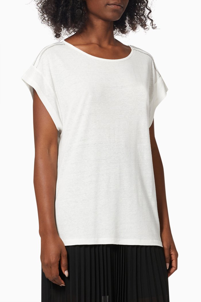 

Beaded T-shirt in Linen Viscose, White