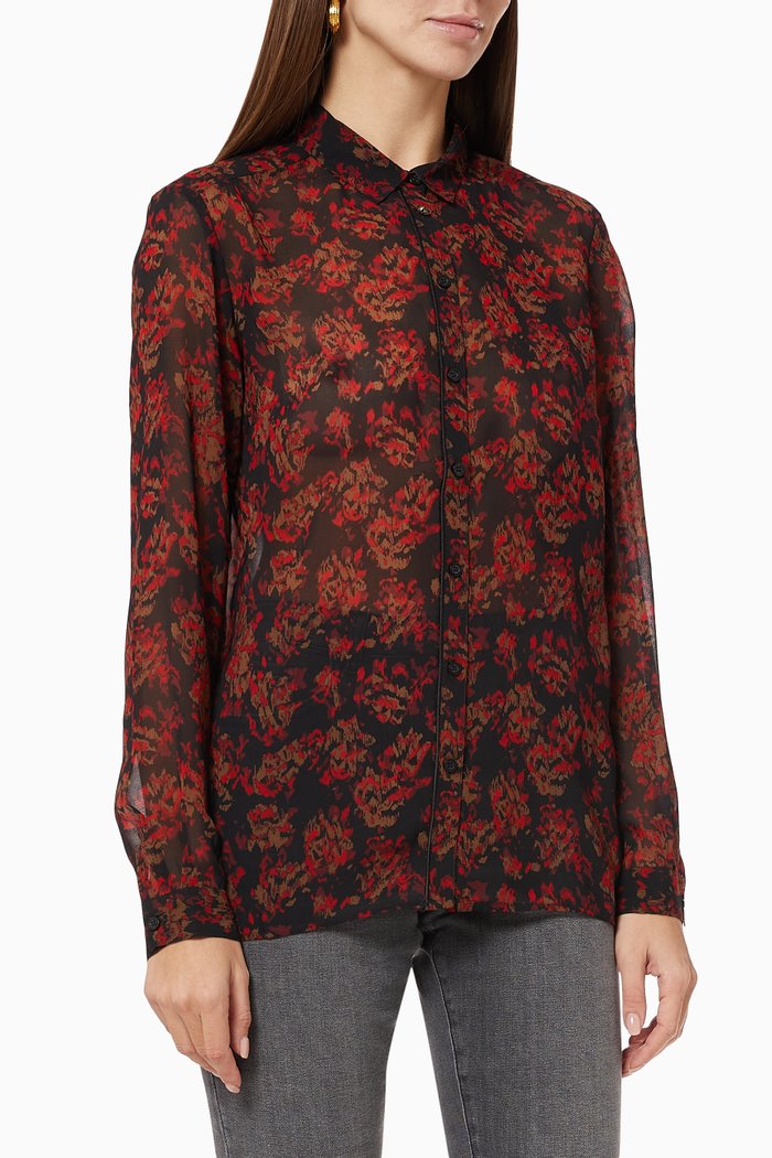 

Floral Outline Print Shirt in Voile, Black