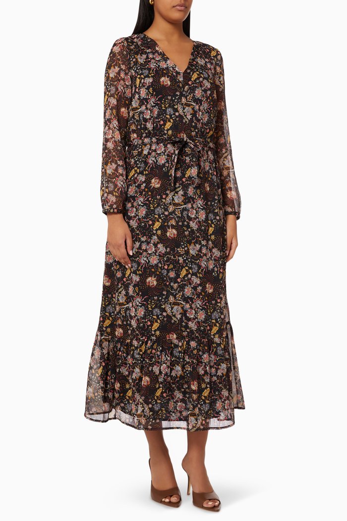 Long Dress in Metallic Floral-print Voile Viscose, Black