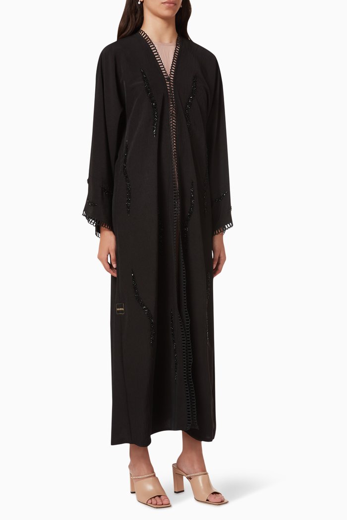 

Picot Lace Abaya in Crepe, Black