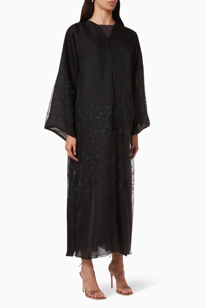 

Zari Embroidered Abaya in Chiffon & Crepe, Black