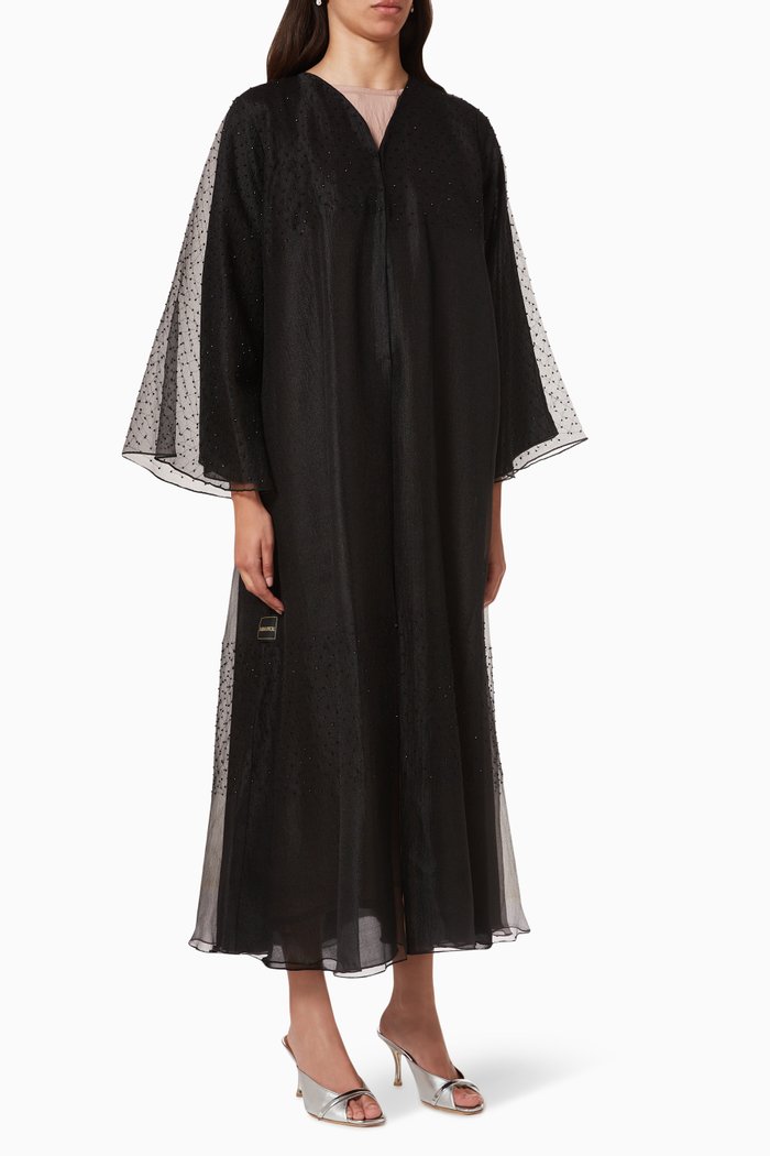 Beaded Overlay Abaya in Chiffon & Crepe, Black