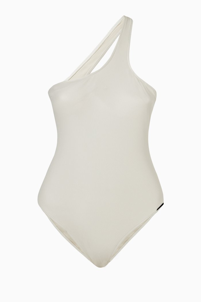 

Core Essentials One-Shoulder Swimsuit in Ribbed Knit, Silver