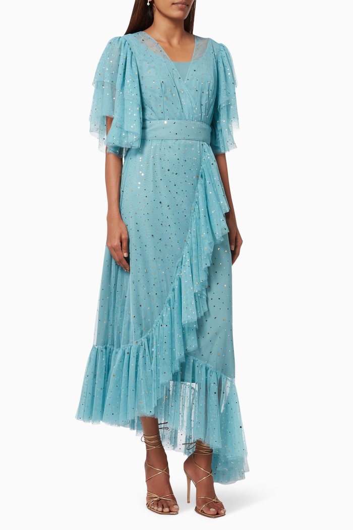 

Stars Embellished Ruffle Dress in Tulle, Blue