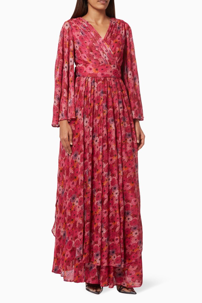Floral Wrap Maxi Dress in Crinkled Crepe, Red