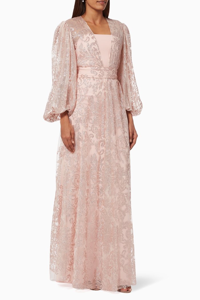 

Glitter Embellished Maxi Dress in Mesh, Pink