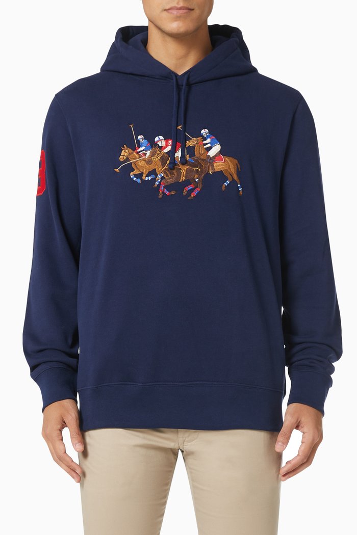 

Triple Pony Embroidered Hoodie in Cotton Blend Fleece, Blue