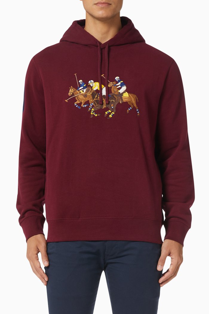 

Triple Pony Embroidered Hoodie in Cotton Blend Fleece, Burgundy