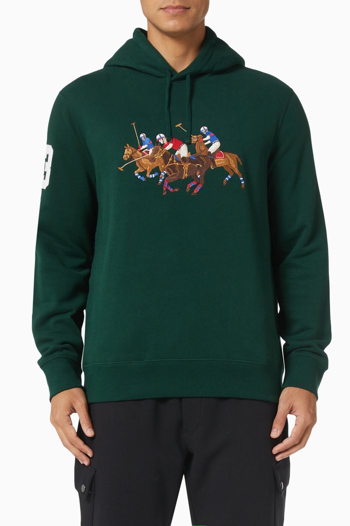 Triple Pony Embroidered Hoodie in Cotton Blend Fleece, Green