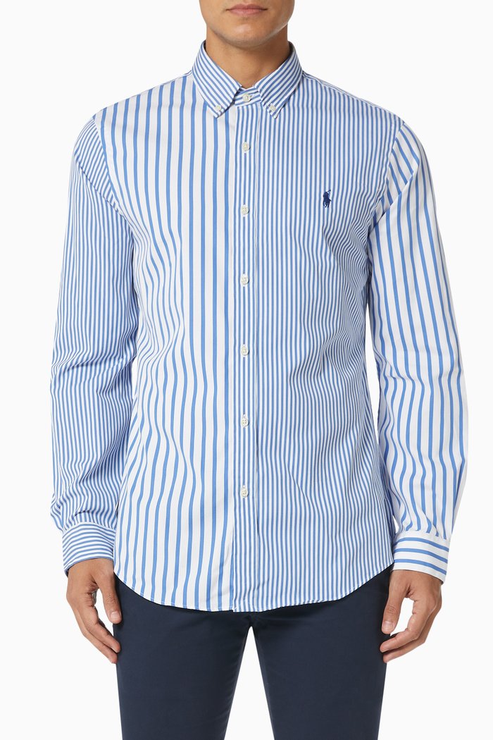 

Slim Fit Striped Oxford Shirt in Cotton Poplin, Blue