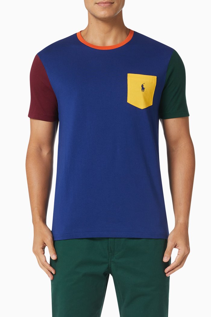

Slim Fit Colour Block T-Shirt in Cotton Jersey, Blue