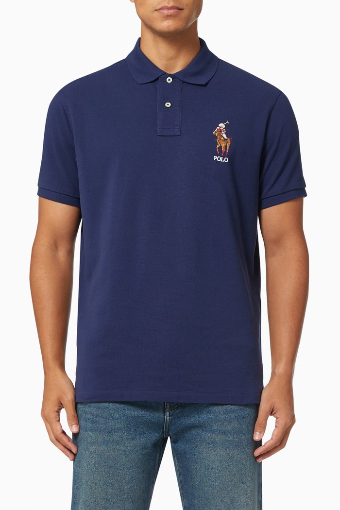 

Custom Slim Fit Pony Polo Shirt in Cotton Mesh, Blue