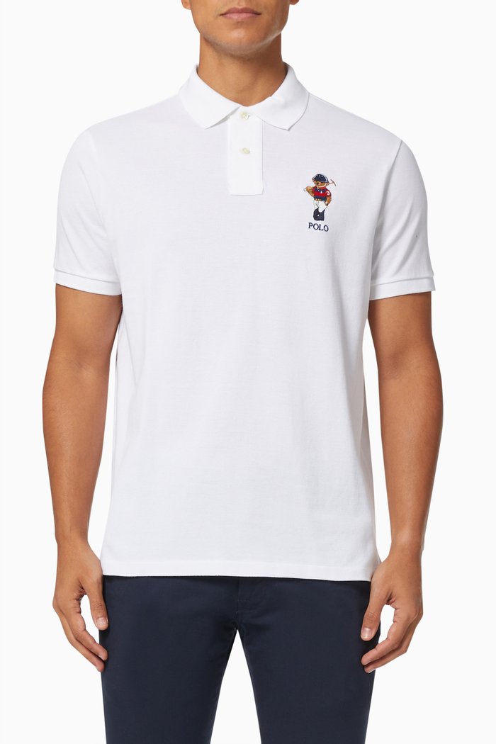 

Custom Slim Fit Bear & Pony Polo Shirt in Cotton Mesh, White
