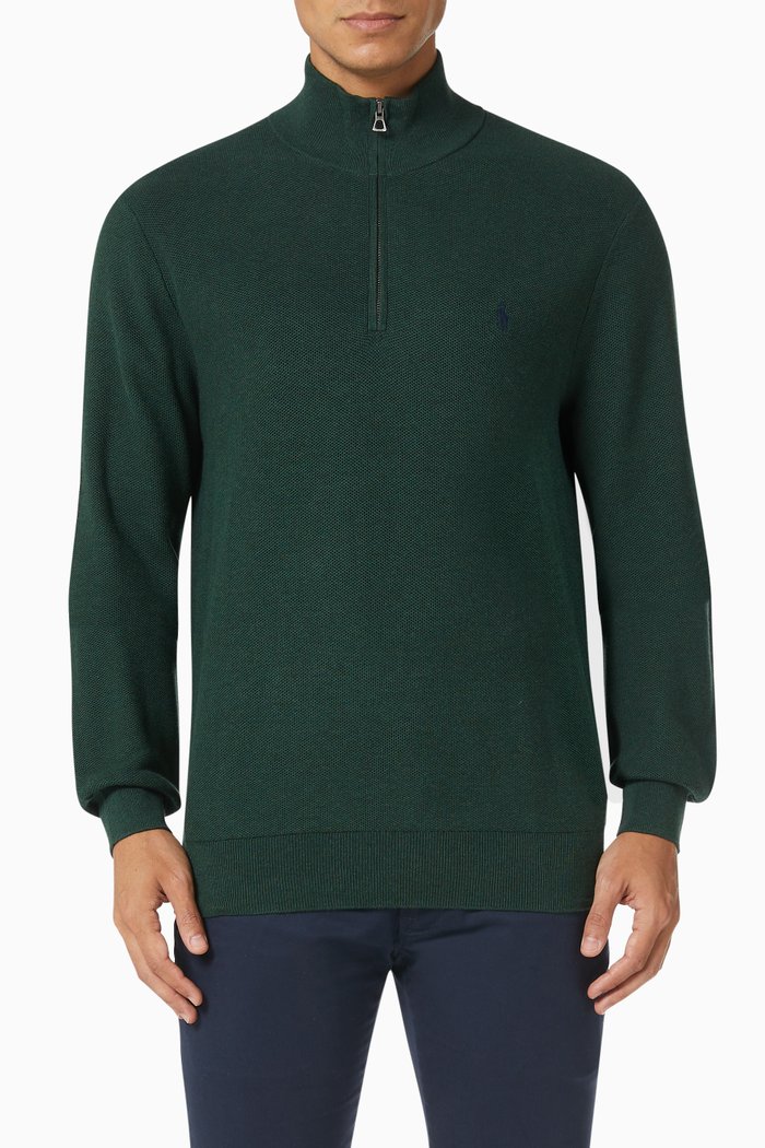 

Quarter Zip Sweater in Cotton Mesh, Green