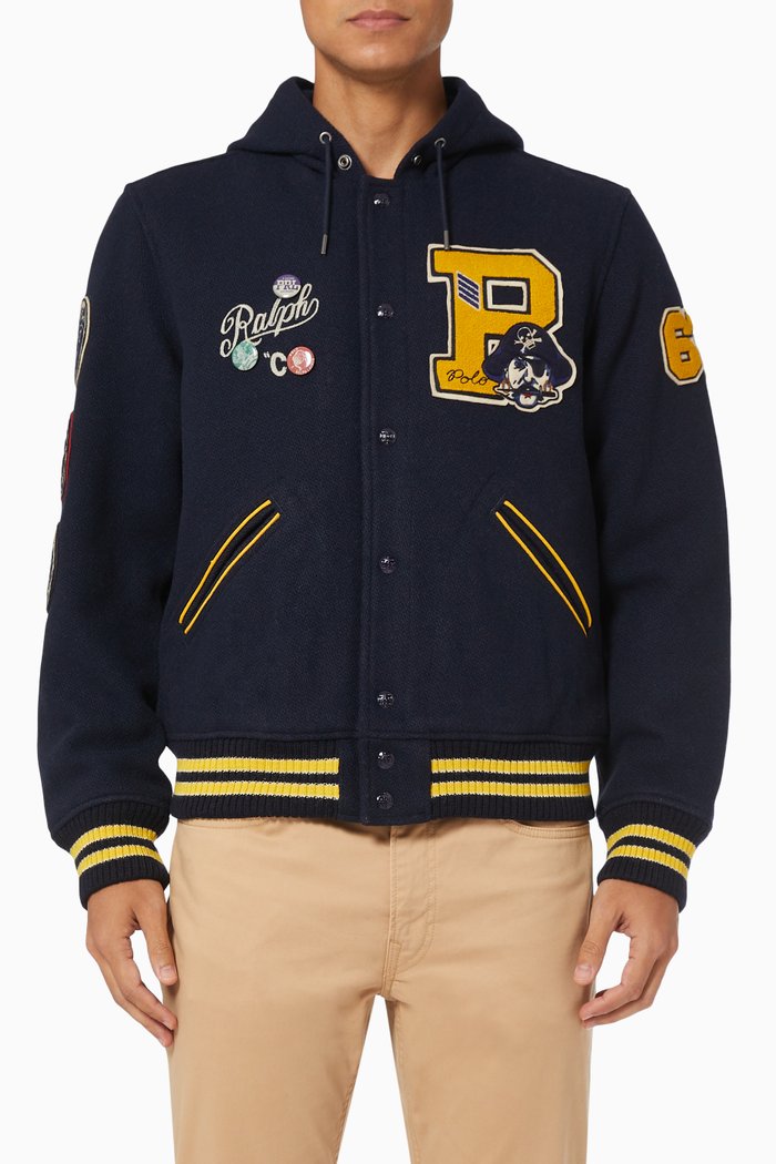 

Letterman Bomber Jacket in Wool Blend, Blue