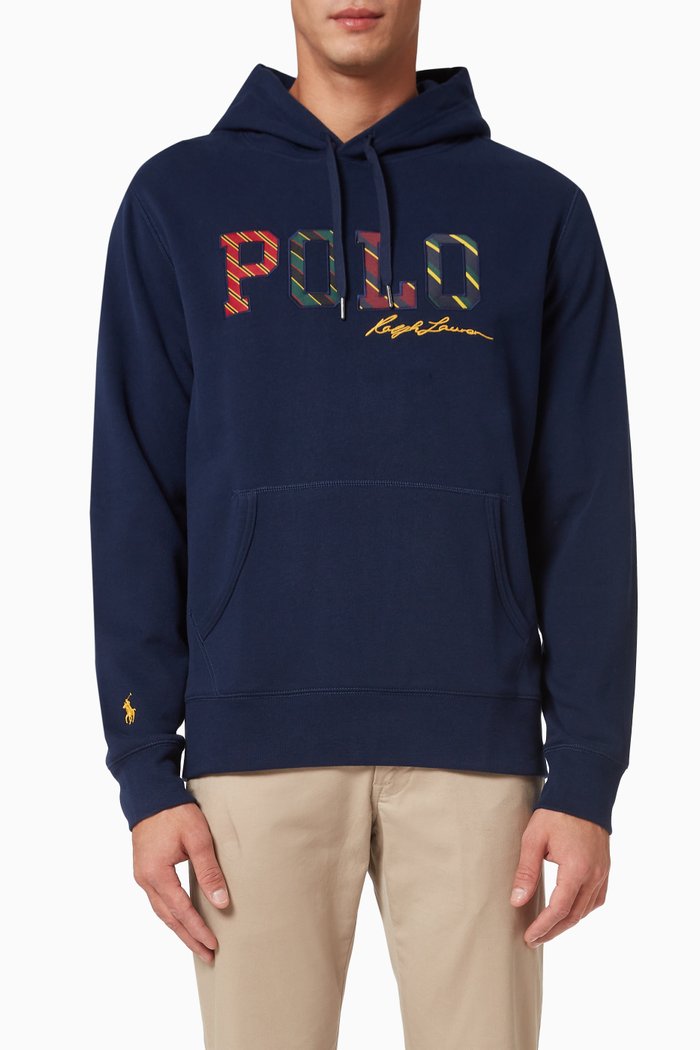 

Striped-logo Hoodie in Fleece, Blue