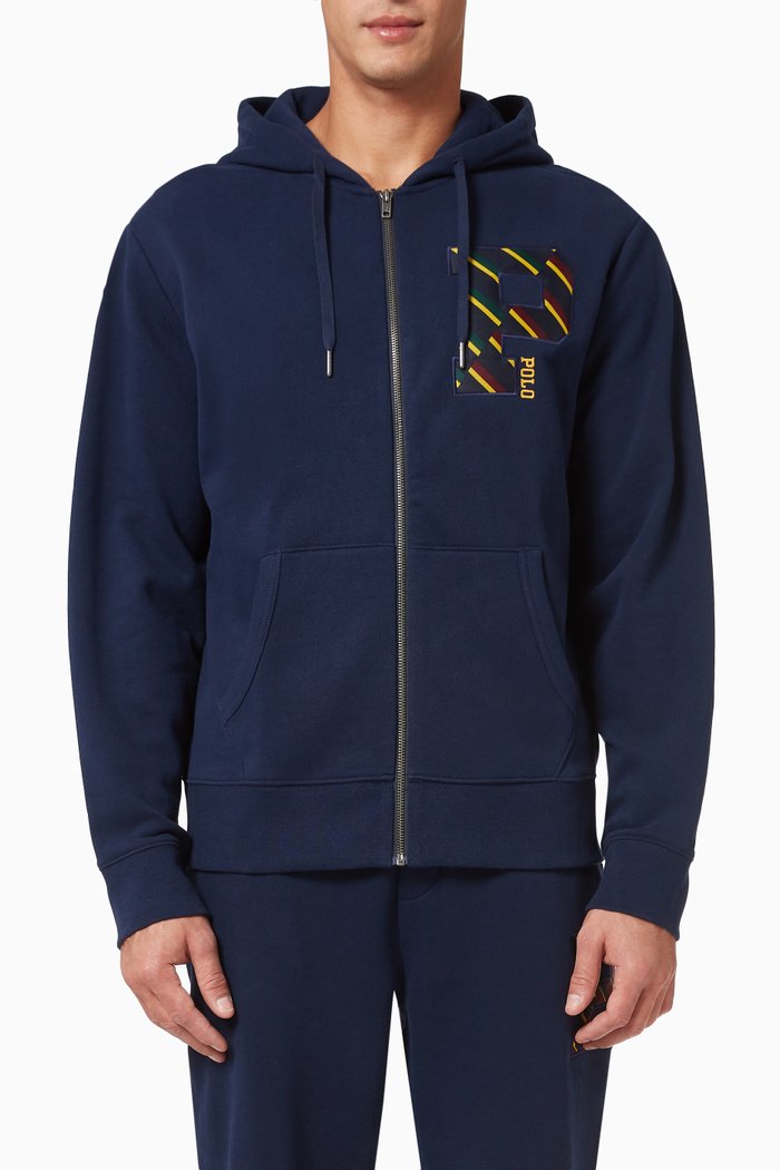 Letterman Zip-up Hoodie in Fleece, Blue