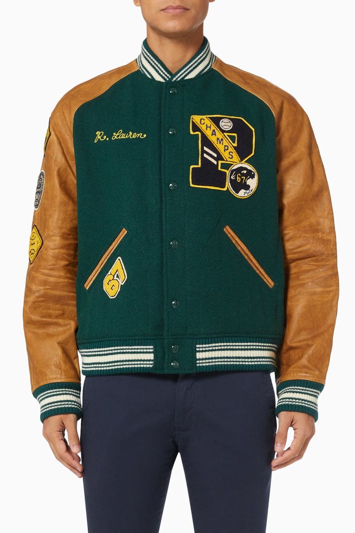 

Letterman Bomber Jacket in Wool Blend, Green