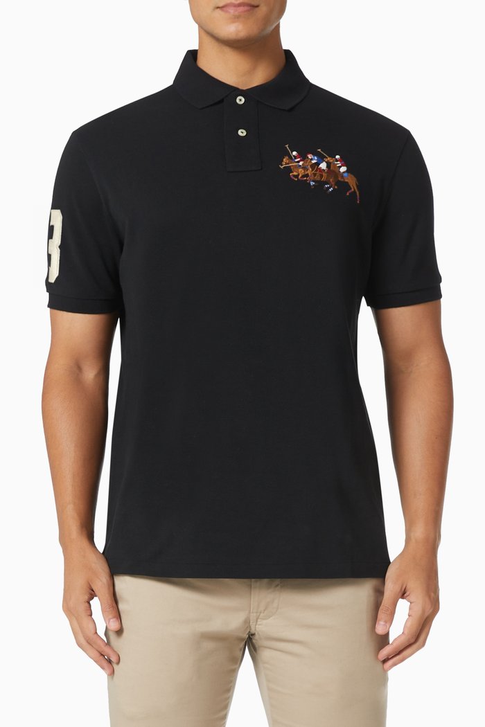 

Custom Slim Fit Triple Pony Polo Shirt in Cotton Mesh, Black