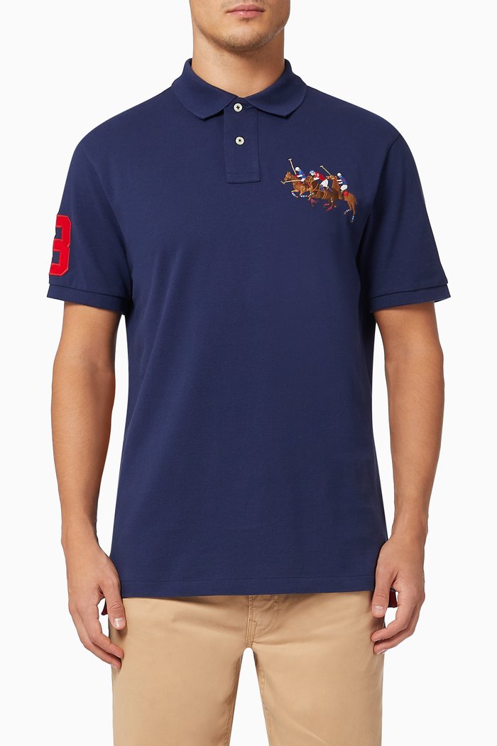 

Custom Slim Fit Triple Pony Polo Shirt in Cotton Mesh, Blue