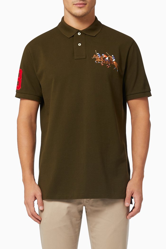 Custom Slim Fit Triple Pony Polo Shirt in Cotton Mesh, Green