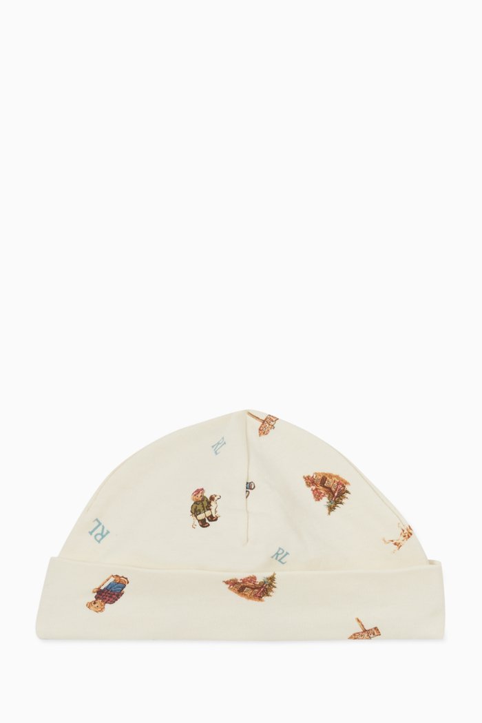 

Polo Bear Print Hat in Cotton Interlock, Neutral