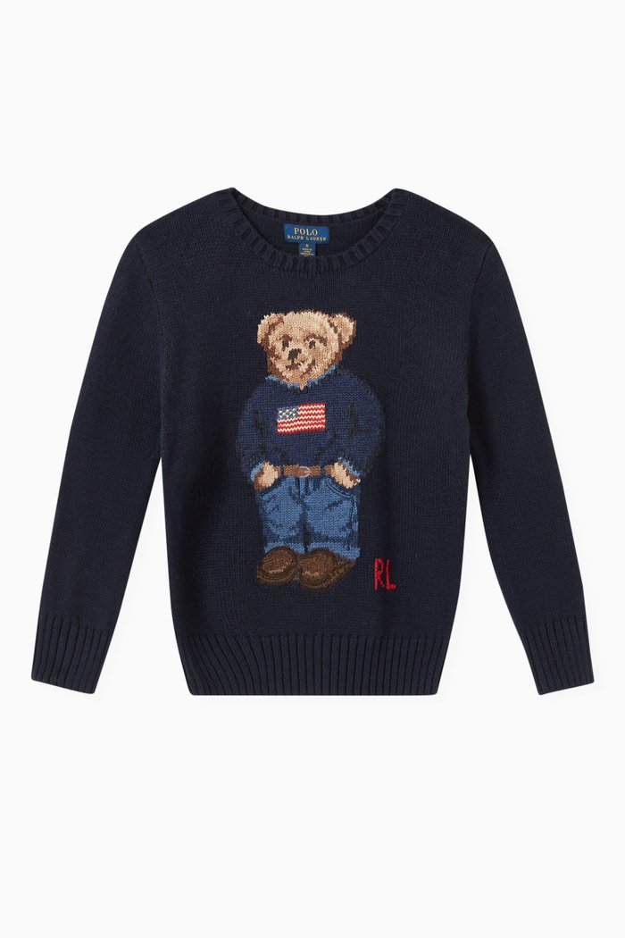 Polo Bear Flag Sweater in Cotton Knit, Blue