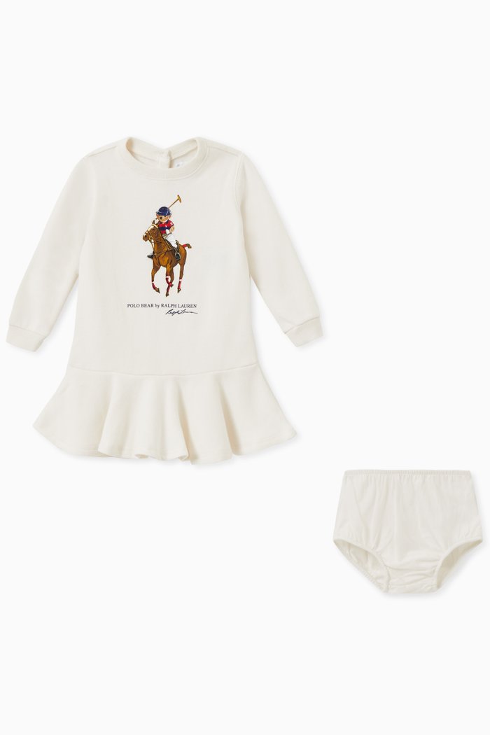 

Polo Bear Print Dress & Bloomers Set in Cotton Terry Blend, Neutral