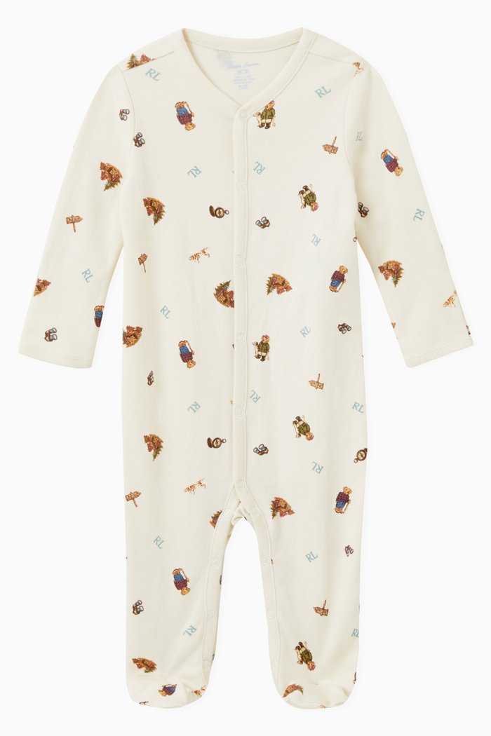 

Polo Bear Print Long Sleeve Romper in Cotton, Neutral