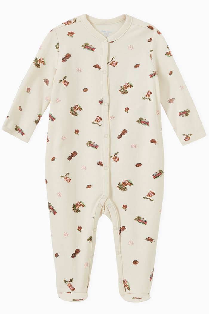 

Graphic Print Long Sleeve Romper in Cotton, Neutral