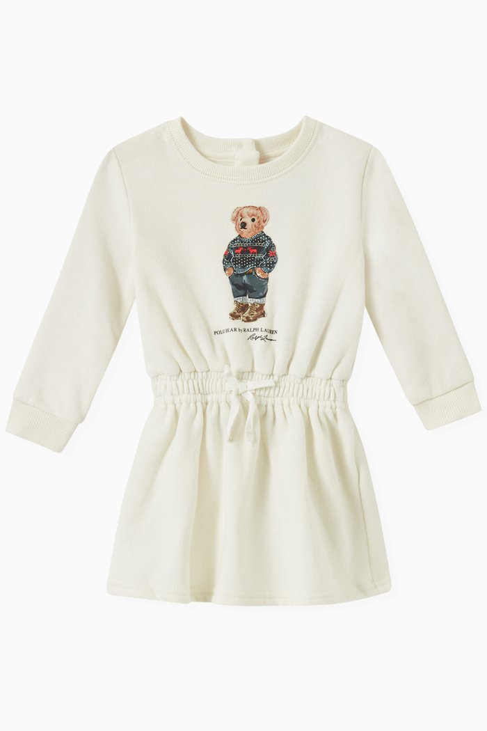 Polo Bear Dress & Bloomers Set in Cotton Blend Fleece, Neutral