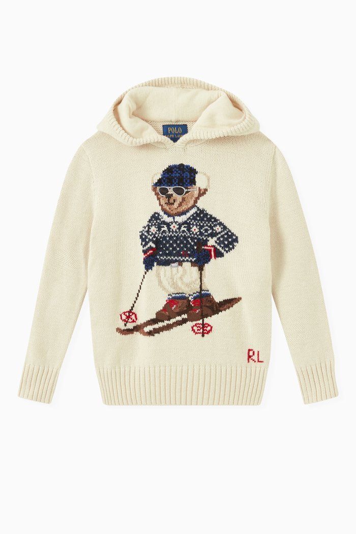 

Polo Bear Hooded Sweater in Cotton & Wool Blend, Neutral