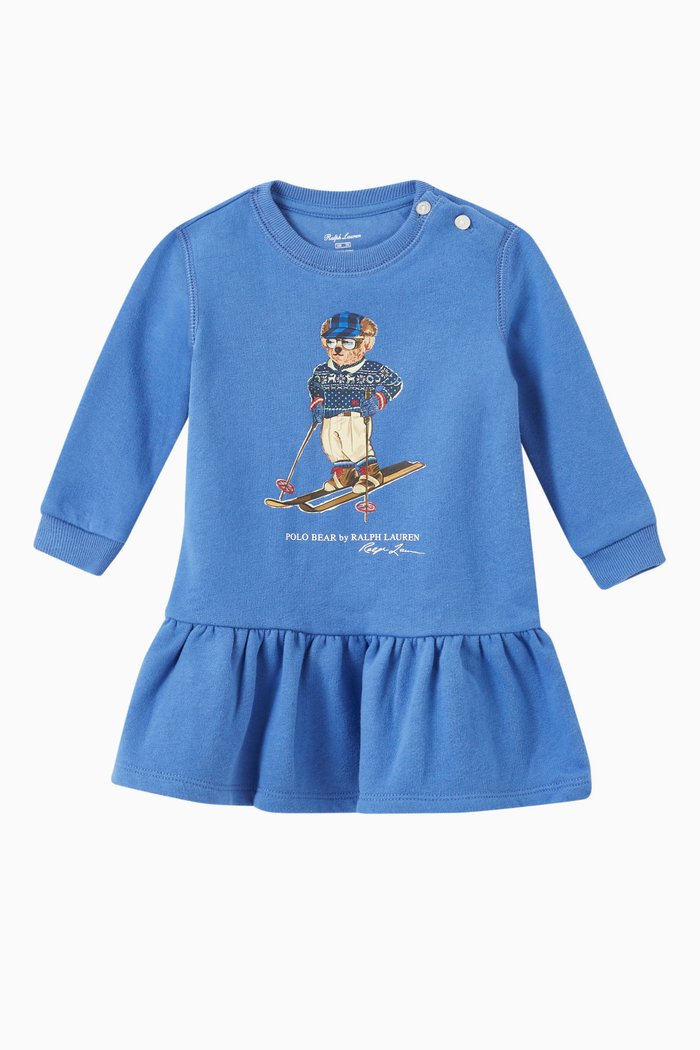 

Polo Bear Ski Print Dress & Bloomer Set in Fleece, Blue