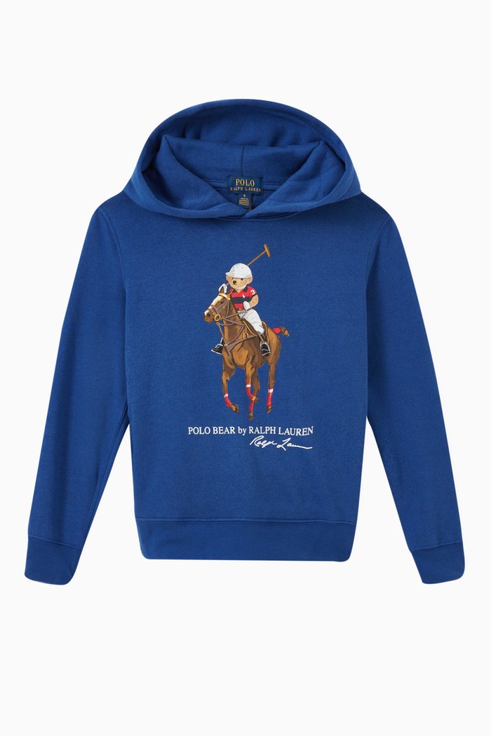 Polo Bear & Big Pony Hoodie in Cotton Blend Fleece, Blue