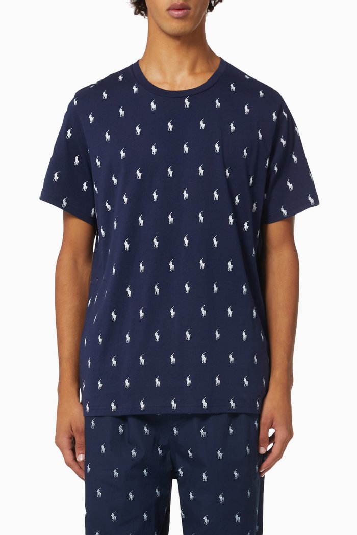 

All-over Pony Print Pyjama Crewneck in Cotton, Blue